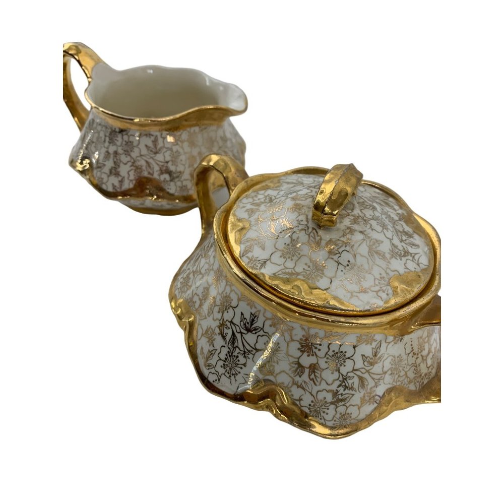 Karol China Homer Laughlin Gold Cream Sugar Set Rythym VTG USA 6569 Karolyte